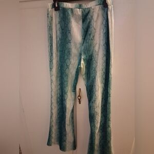 Velvet Teal and White Snake Print Bell Bottom Pants